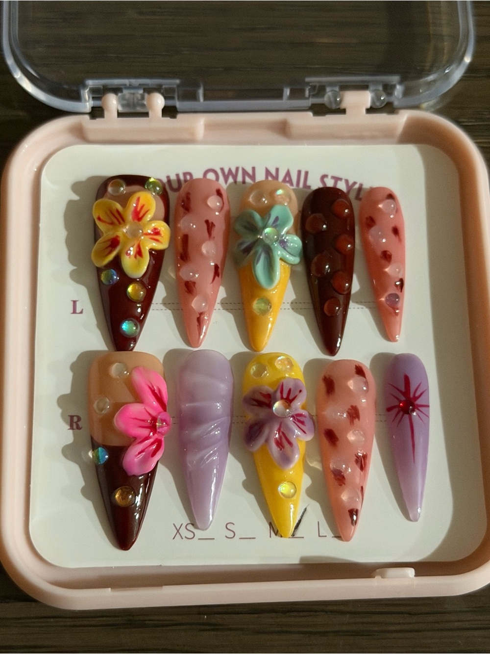 Handcrafted Floral 3D Press-On Nails Set — Pink, Yellow, Lavender, Brown